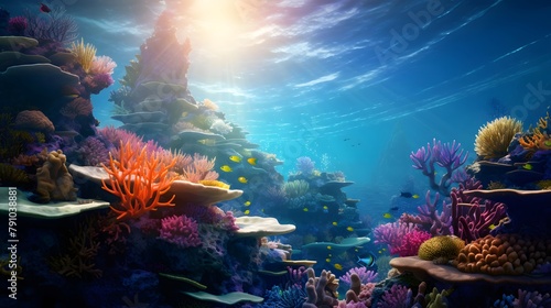 Underwater panorama of coral reef and fish. Underwater world.
