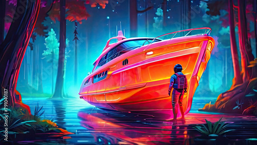 A man in a spacesuit stands in front of a large ship with an orange glow. Fabulous fantastic landscape in neon shades