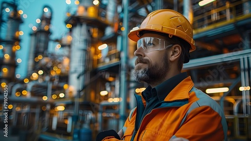 Overnight petrochemical engineer inspects oil refinery plant for safety and quality. Concept Oil Refinery Inspection, Petrochemical Engineer, Safety Standards, Quality Assurance, Overnight Shift
