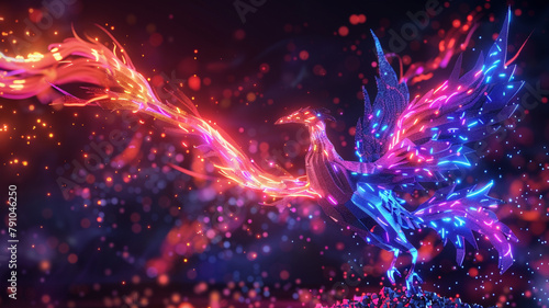 A digital phoenix in neon flames, rising from low poly ashes to symbolize the rebirth of communication technologies