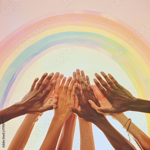 Hands of diverse skin tones coming together under a vibrant rainbow