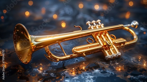 A gold trumpet on a dark background.