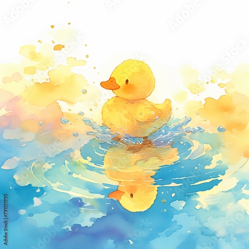 Watercolor illustration, A duckling splashing in a puddle after the rain, Blue and Yellow Hue