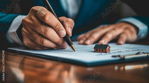 Closeup of hands signing a real estate agreement, a miniature house model beside the document, encapsulating professional commitment