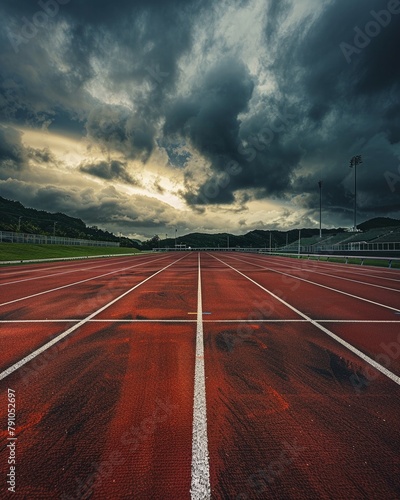 Empty stadium track with competition lanes, conveying the quiet before the storm of a major athletic contest