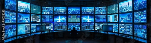 Hightech control room with multiple surveillance monitors displaying various security feeds, a hub of vigilance