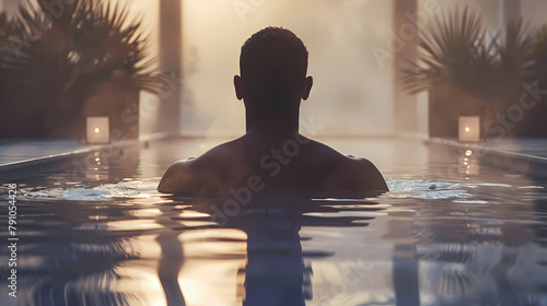 A serene image capturing a male figure standing in a body of water with a striking sunset in the background rendering warm hues