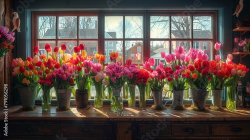  A table holds several vases filled with flowers, situated before a window Behind the window lies a house