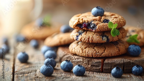  A tight shot of a wood table bearing a stack of cookies topped with plump blueberries In the backdrop, a glass of milk sits waitingly