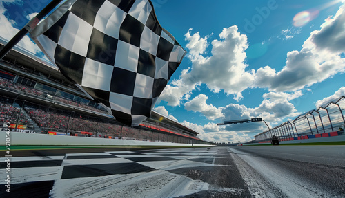 A checkered flag is flying in the air above a race track