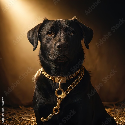 Schattenwächter: Ein Hundeporträt im goldenen Licht, eleganter schwarzer Hund mit goldenem Halsband