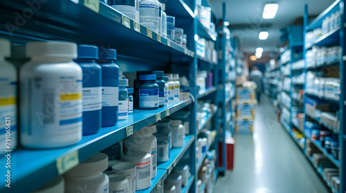 blurred hospital pharmacy, showcasing the shelves stocked with medications, the compounding area, and the diligent work of pharmacists 