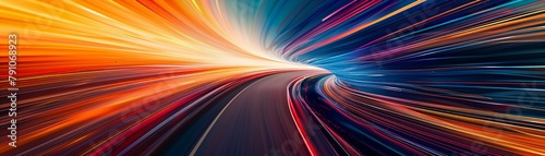 An abstract visualization of light speed, where colorful lines stretch towards the horizon, simulating incredible velocity