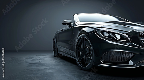 Luxury expensive black car parked on black background. Sport and modern luxury design car. Shiny clean lines and detailed front view of modern automotive. Automotive advertising banner