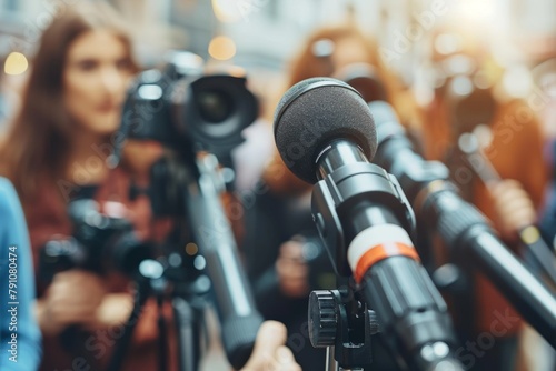 Businessperson politician interview on street political advertisement ad campaign upcoming elections cameras recording microphones ask questions journalists media coverage reporters live stream