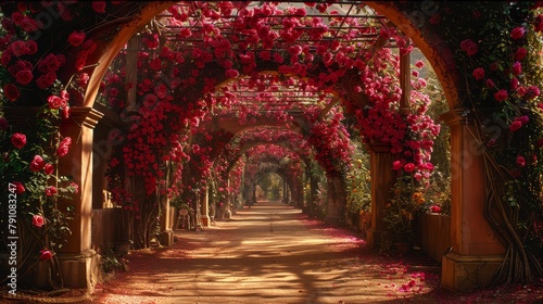  A pathway bordered by a dense pink flower forest, adjoining a lush green forest teeming with pink blooms on both sides