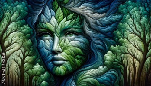 Art woman's face amongst trees