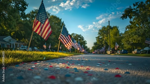 Fourth of July Parade: A Display of Flags. Concept Independence Day Celebrations, Patriotic Decor, National Pride, Community Festivities, American Spirit