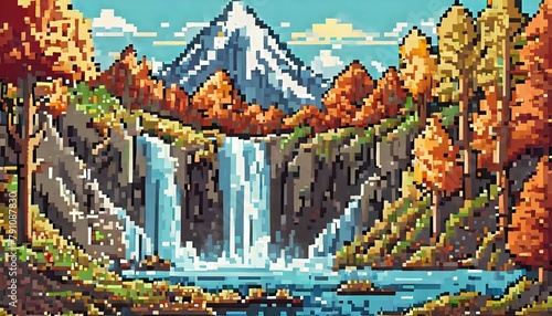 8bit pixel art waterfall cascade and autumn forest