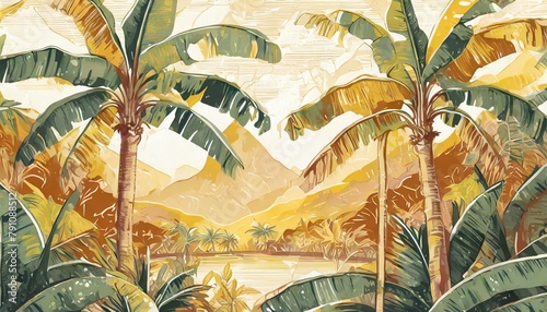 Banana tree wallpaper design with pastel tones, tropical landscape, mural art.