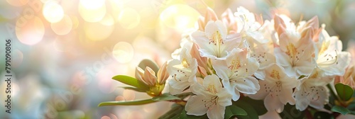 White rhododendron bloom in garden against soft pastel background, serene and beautiful scene