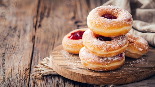 Traditional Polish donuts on wooden background. Tasty doughnuts with jam