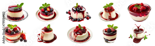 Elegant panna cotta with berry coulis and fresh fruits cut out png on transparent background