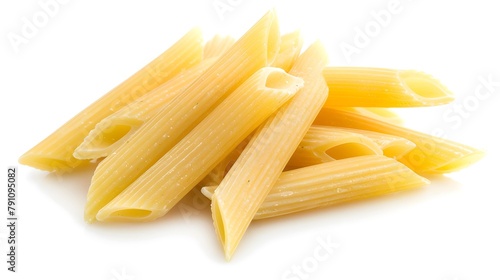 Penne rigate pasta isolated on white background. Raw