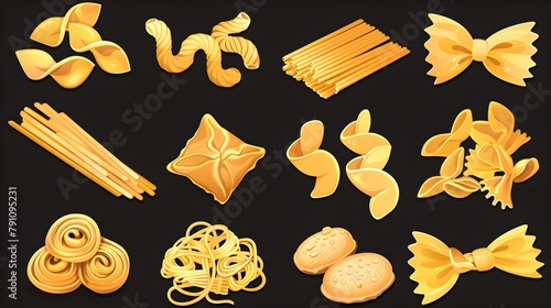 Pasta type italian noodle collection set cartoon illustration vector. Pasta type italian noodle set