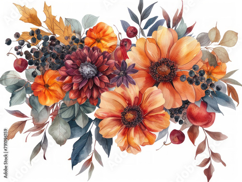 bouquete composizione floreale di fiori autunnali con bacche su sfondo bianco scontornabile, stile acquerello, colori dominanti rosso arancio e giallo