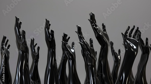 Many female hands elegant gesture, black mannequin hands up in a row – art fashion background. 3d rendering 