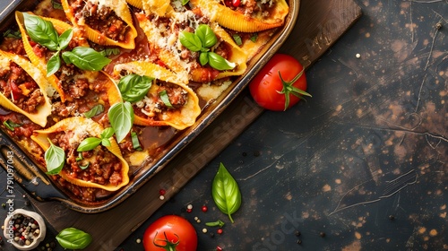 Italian baked stuffed pasta shells with bolognese meat sauce, basil, parmesan
