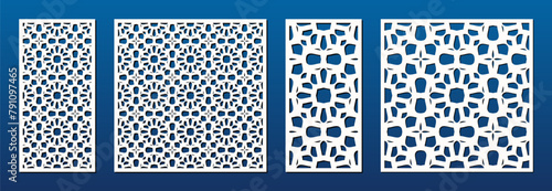 Laser cut patterns. Vector template with abstract geometric ornament in oriental style, floral grid, lattice. Decorative stencil panel for laser cutting of wood, metal, paper. Aspect ratio 1:2, 1:1