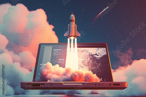 Illustration of a rocket flying from the laptop screen, Concept growing business