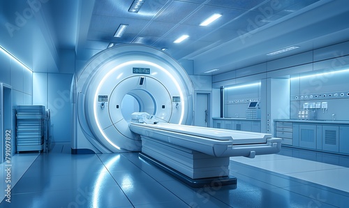 Advanced x-ray or mri scan medical diagnosis machine at hospital health care lab as wide banner with copy space area