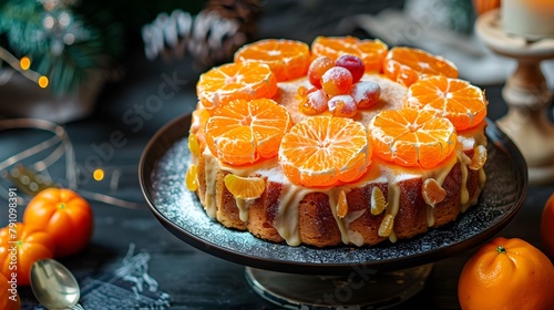 Galetta. Christmas open fruit cake with mandarins 