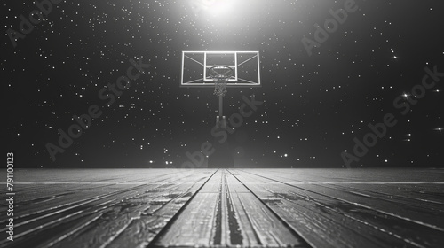 A basketball court with a hoop and a basketball in the air
