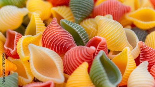 Close up view of colorful shell pasta. Organic, hand made pasta shell