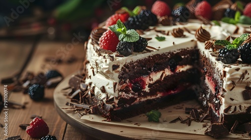 Close up of decadent layered fruit cake with chocolate mint and cheesecake on wooden table Black forest cake still life