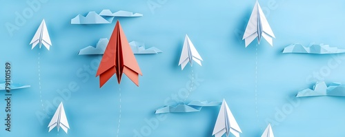 Red paper plane leading among a white planes on blue background. Business competition and Leadership concept