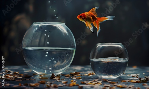 goldfish jumping from a very small goldfish bowl into a very big goldfish bowl, rise and improvement concept