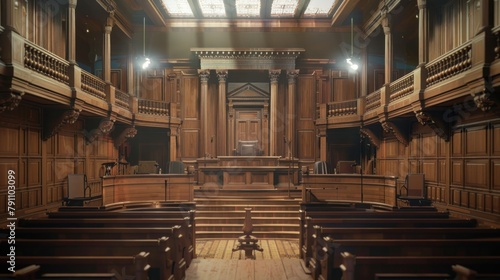 Luxury empty retro classic courtroom building interior in wooden style. AI generated image