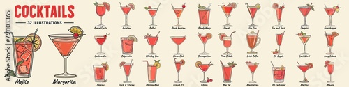 Alcoholic cocktails vector illustration. Moscow mule, bloody mary, pina colada, mojito, margarita, daiquiri, Mimosa, long island iced tea, Bellini, margarita.
