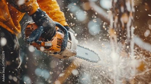 Worker cutting trees wood use portable gasoline chainsaw in natural background. AI generated image