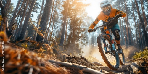 extreme mountain biker in action, performing jumps and turns on forest trails, dynamic movement on a trail downhill