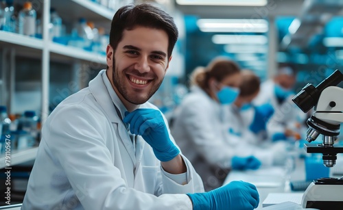 Smiling male scientist wearing a white lab coat and blue gloves is sitting at a desk with a microscope in a modern laboratory