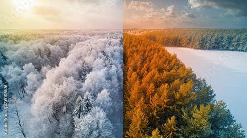 Dual Seasons in Forest Landscape: Autumn and Winter Converge Over Lake and Field