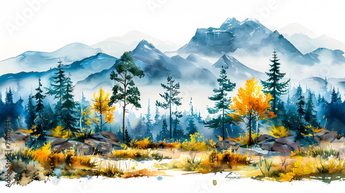 Paysage de montagne, illustration à l'aquarelle