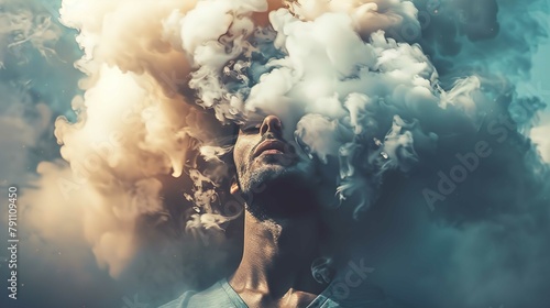 A person is visible from the shoulders up, engulfed in thick, swirling smoke that surrounds the head and upper body. The individual appears serene, with closed eyes and a slight tilt of the head upwar