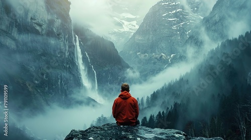 In the foreground of the image, there's a person sitting on a rock gazing out at a majestic mountain landscape. The individual is wearing a bright red hoodie and dark pants, with their back to the vie